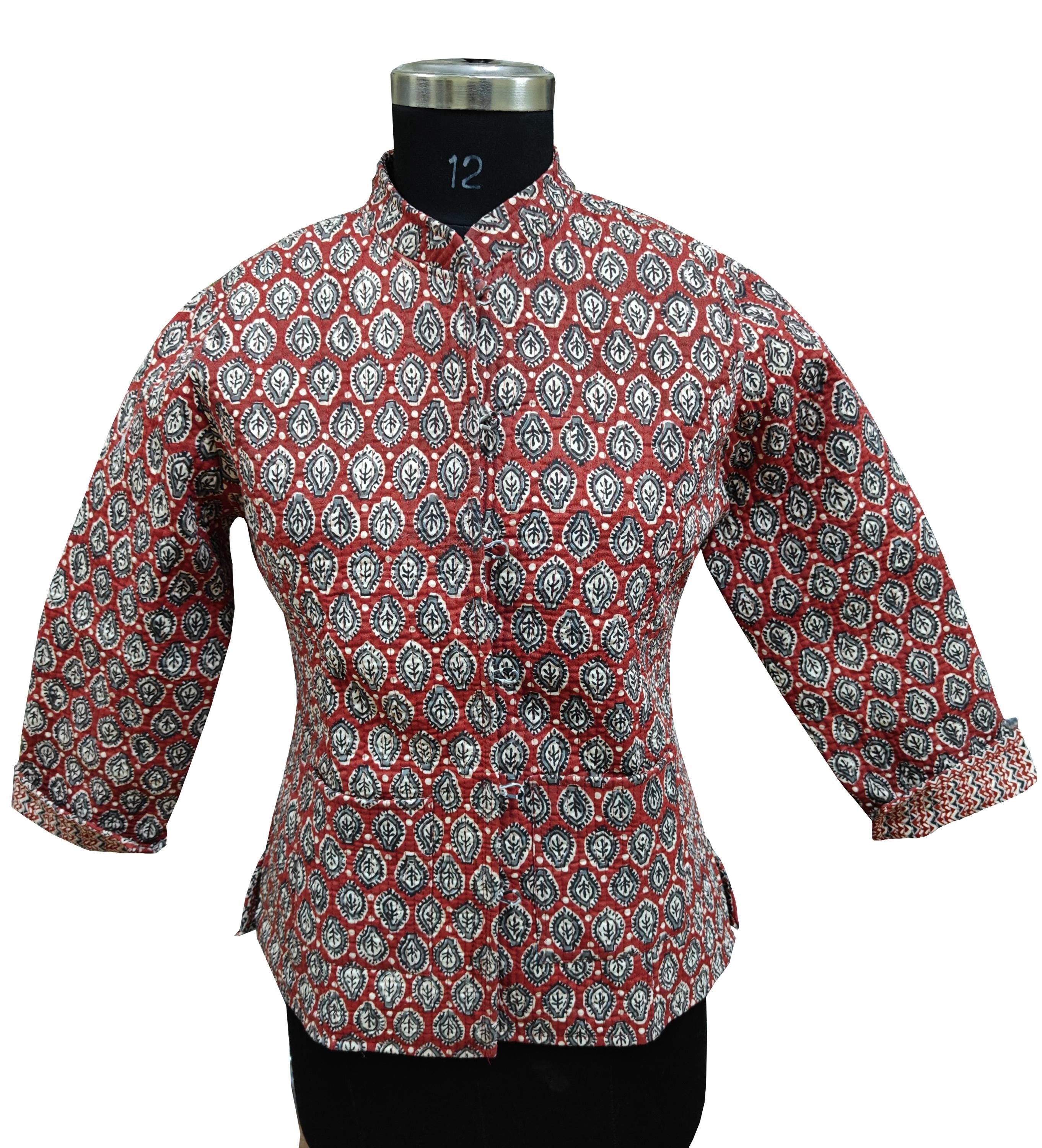 Quilted Reversible Hand Block Printed Boho Jacket – Indian Vintage Handmade Full Sleeve Coat with Floral Arts