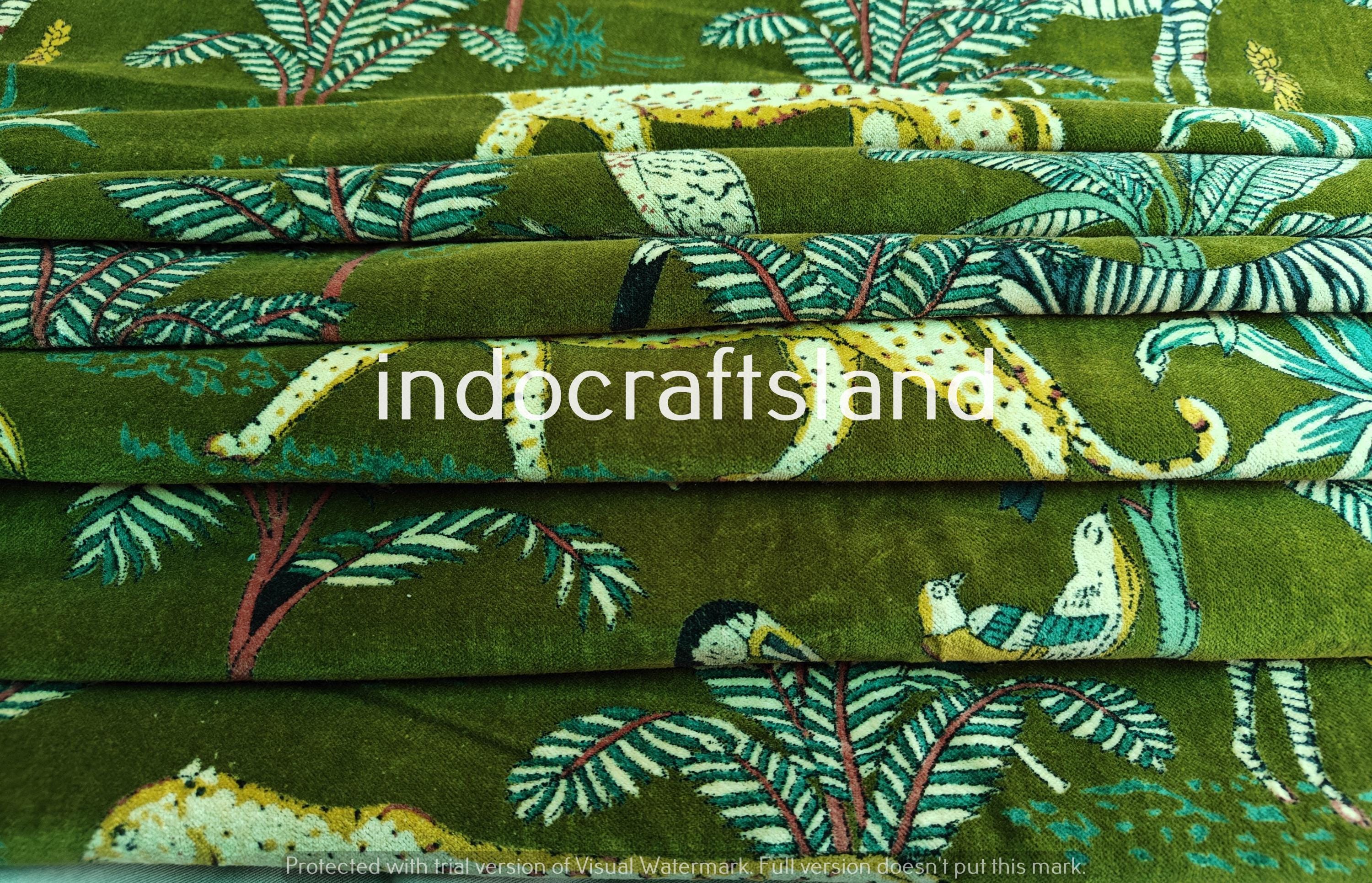 Indian Green Jungle Print Velvet Fabric – Cotton Velvet Upholstery Fabric by Yard
