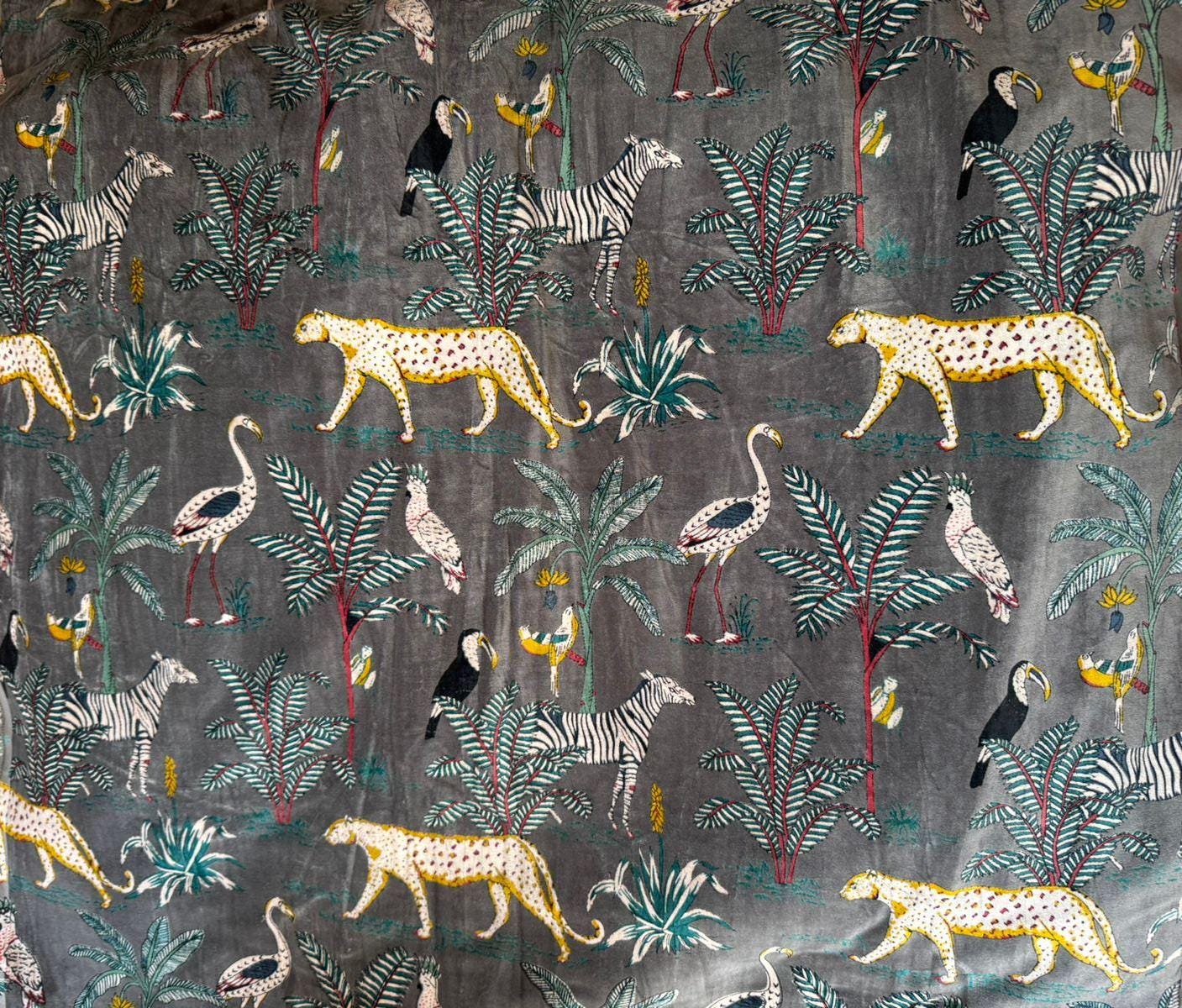 Indian Gray Jungle Print Velvet Fabric – Cotton Velvet by Yard & Meter for Upholstery & Table Cloths