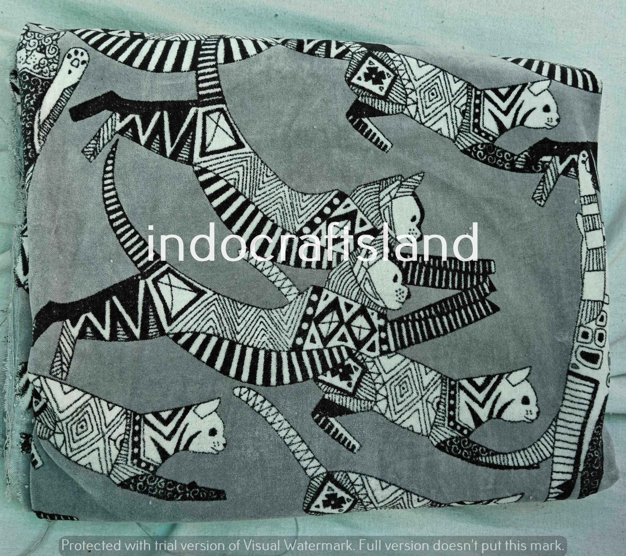 Gray Cat Print Velvet Fabric – Indian Cotton Velvet by Yard for Upholstery & Table Cloth