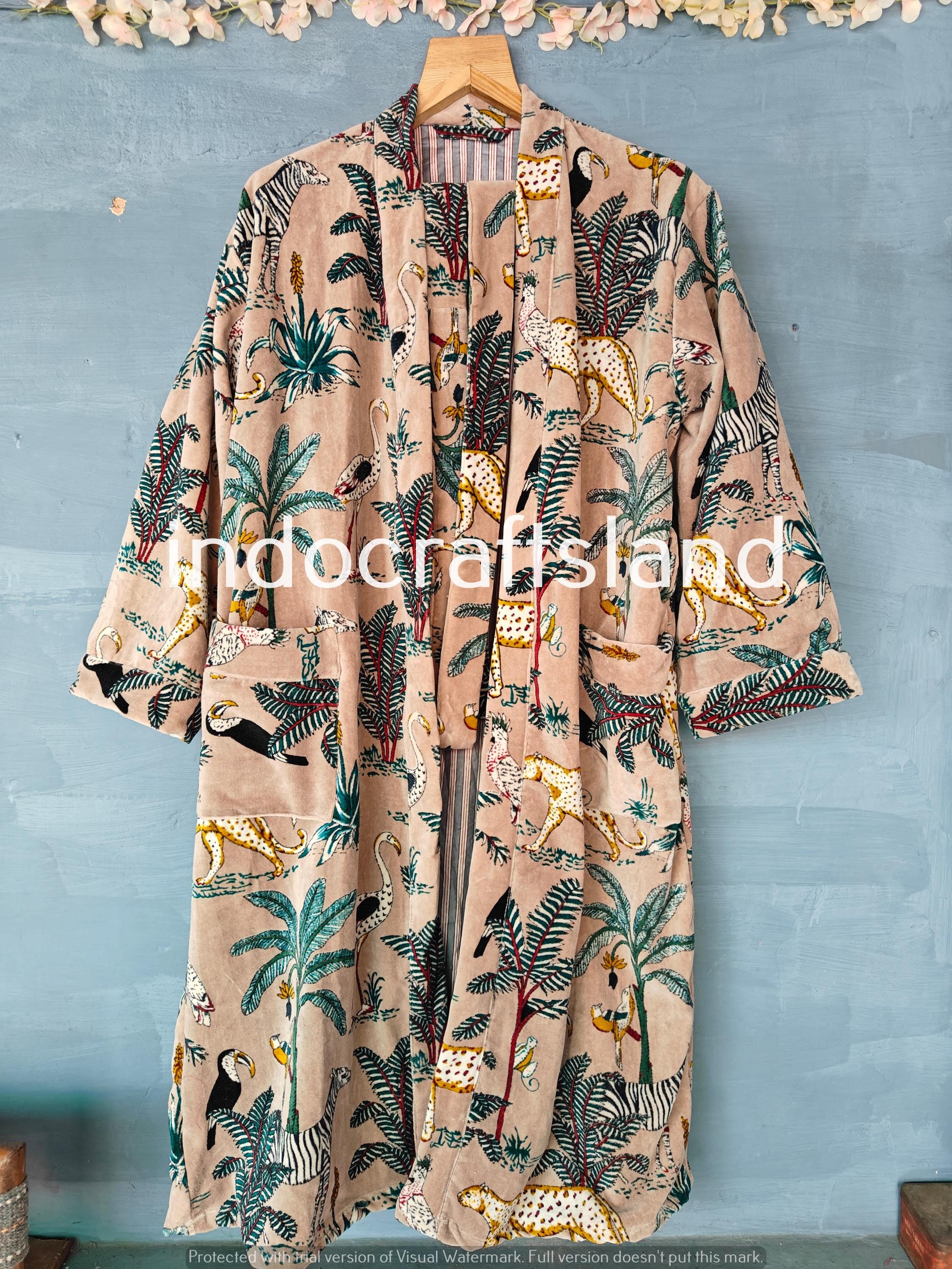 Indische Samtjacke Samt Kimono Robe Morgentee Samtmantel Brautjungfern Robe Boho Luxus Resort Wear Kimono Urlaub Urlaub Kleidung Beige