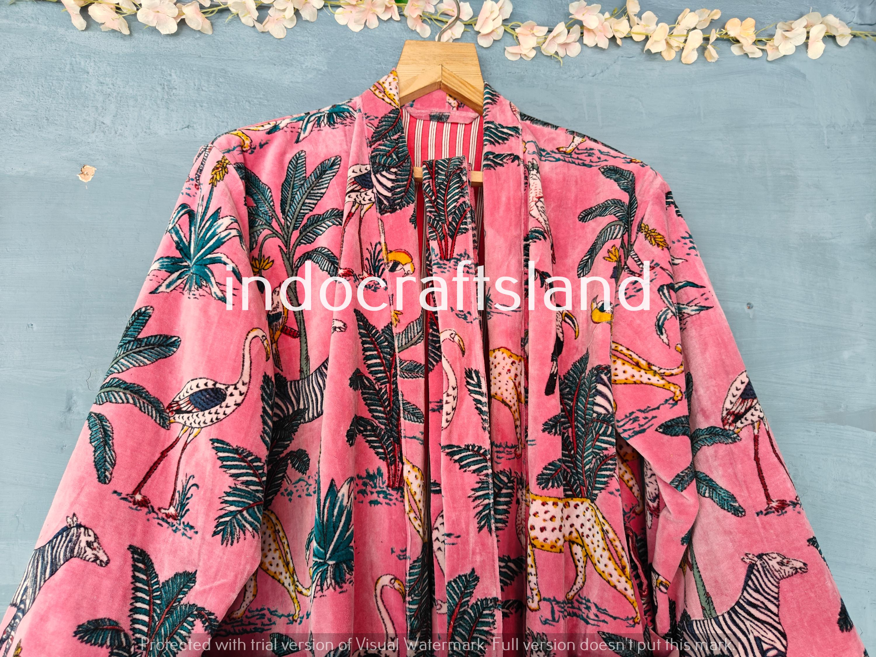 Handmade Jackets Indian Pink Long Velvet Jacket Velvet Kimono Robe Morning Tea Velvet Coat Bridesmaid Robe Luxury Resort Wear Kimono Holiday Vacation Wear
