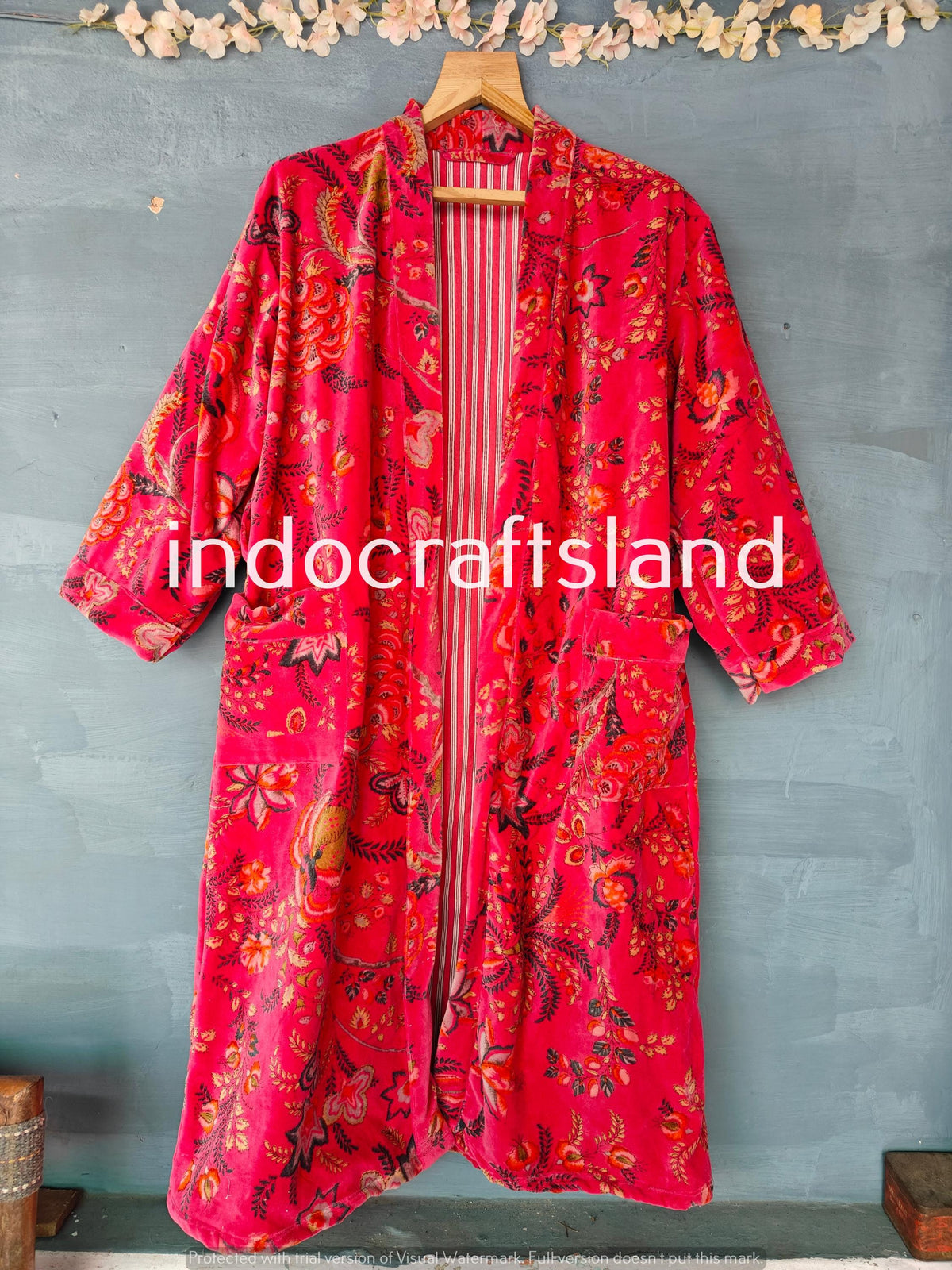 Pink Long Velvet Jacket – Boho Kimono Robe for Bridesmaid & Resort Wear