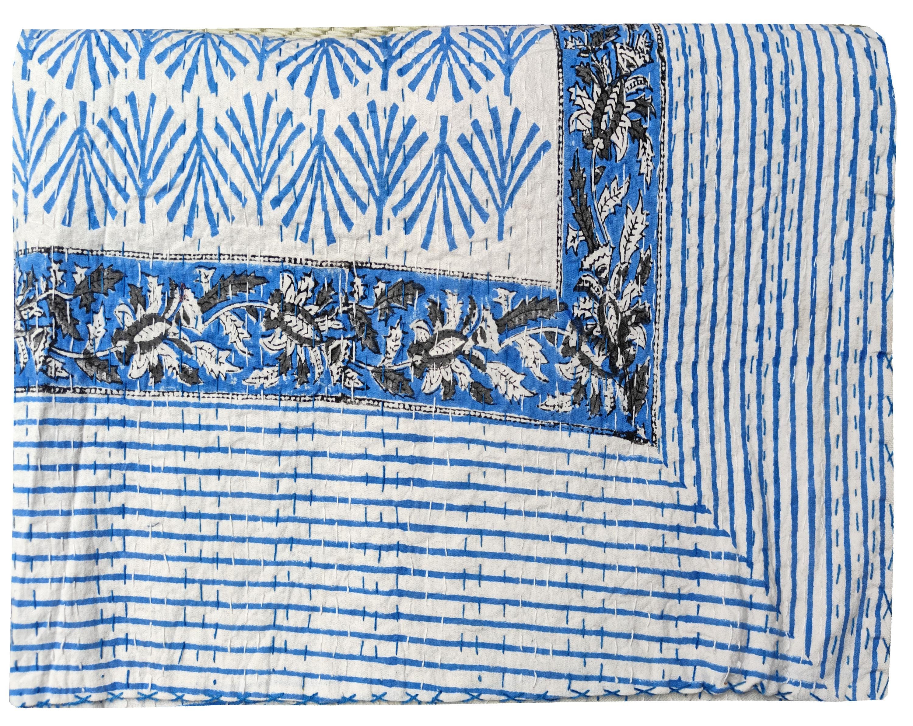 Beautiful floral Print kantha quilt Indian hand block kantha quilt Reversible cotton Bedding Bedspread Queen Size Kantha Gudari