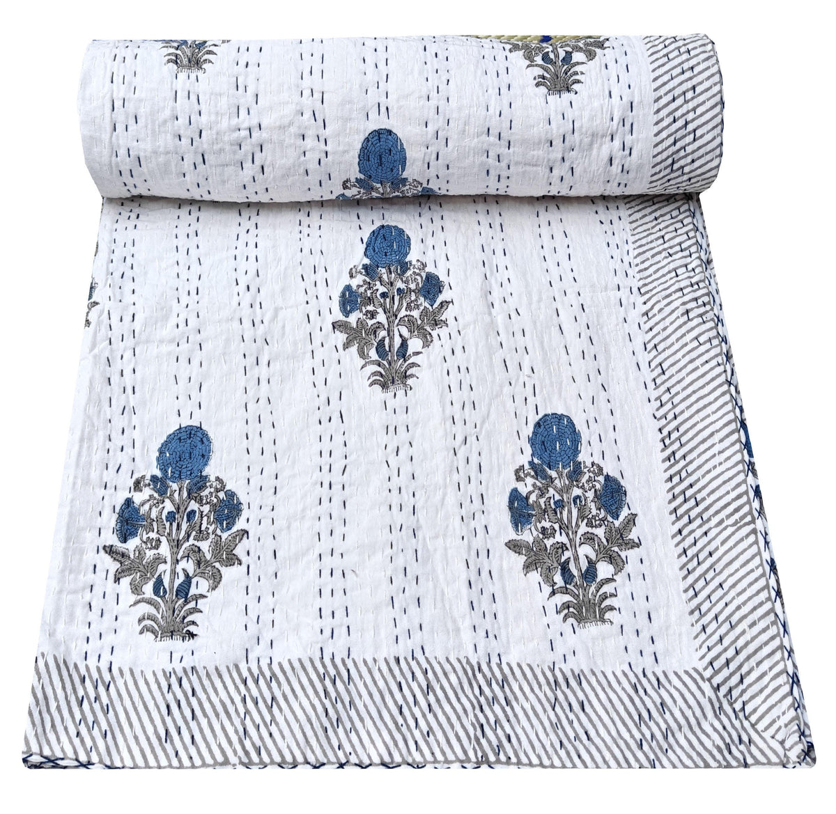 Indian Kantha Quilt Hand Block Print Kantha Throw Boho Gudari Blanket Bedspread Kantha Bed Cover Bohemian Quilt Queen Size Quilt