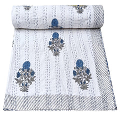 Indian Kantha Quilt Hand Block Print Kantha Throw Boho Gudari Blanket Bedspread Kantha Bed Cover Bohemian Quilt Queen Size Quilt