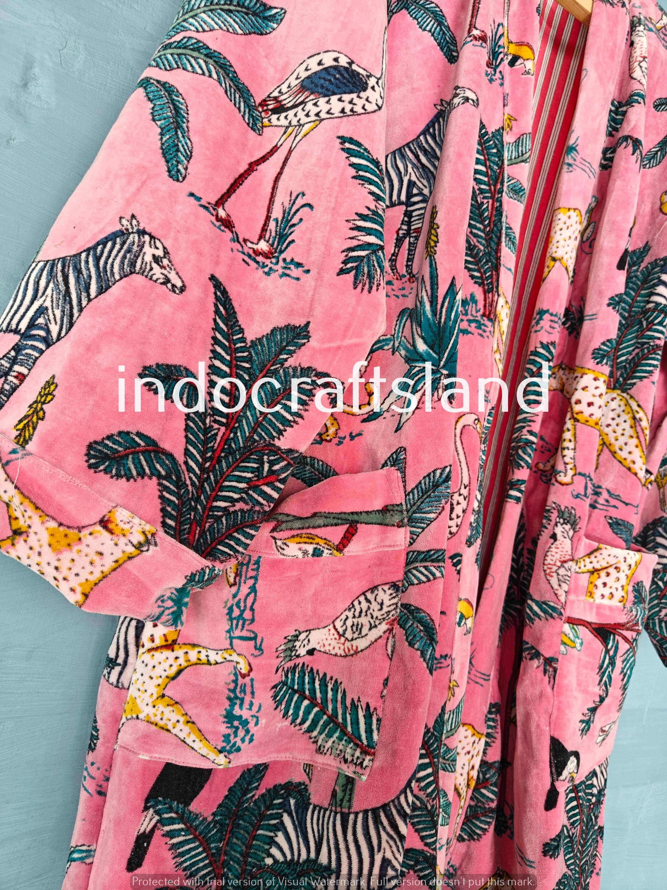 Handmade Jackets Indian Pink Long Velvet Jacket Velvet Kimono Robe Morning Tea Velvet Coat Bridesmaid Robe Luxury Resort Wear Kimono Holiday Vacation Wear
