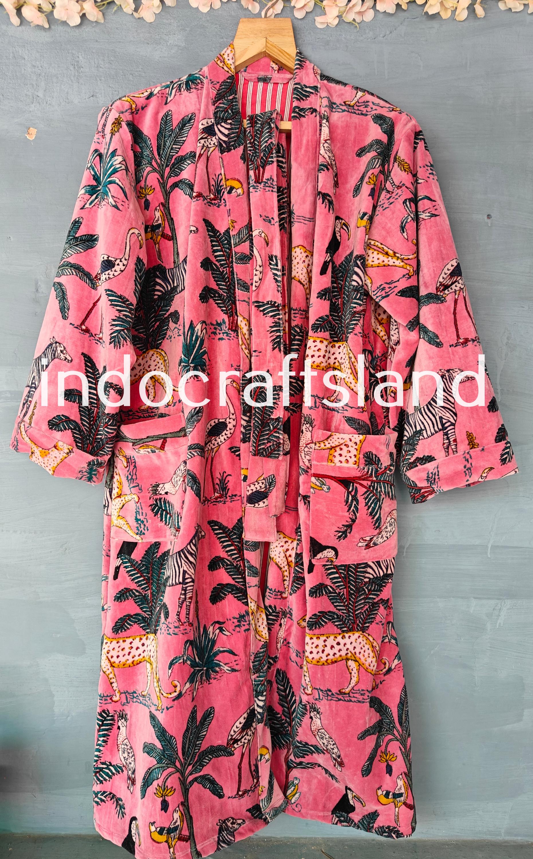 Handmade Jackets Indian Pink Long Velvet Jacket Velvet Kimono Robe Morning Tea Velvet Coat Bridesmaid Robe Luxury Resort Wear Kimono Holiday Vacation Wear