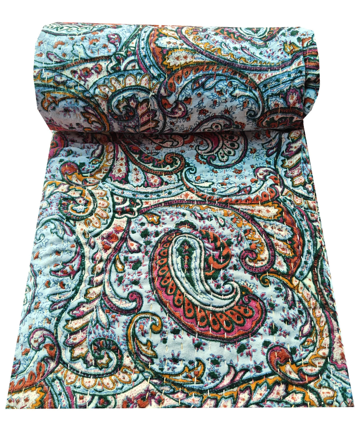 Indischer Samt-Kantha-Quilt, Samt und Baumwolle, Einzelgröße, wendbar, bedruckt, Kantha, Bohemian-Kantha-Tagesdecke, Bettüberwurf