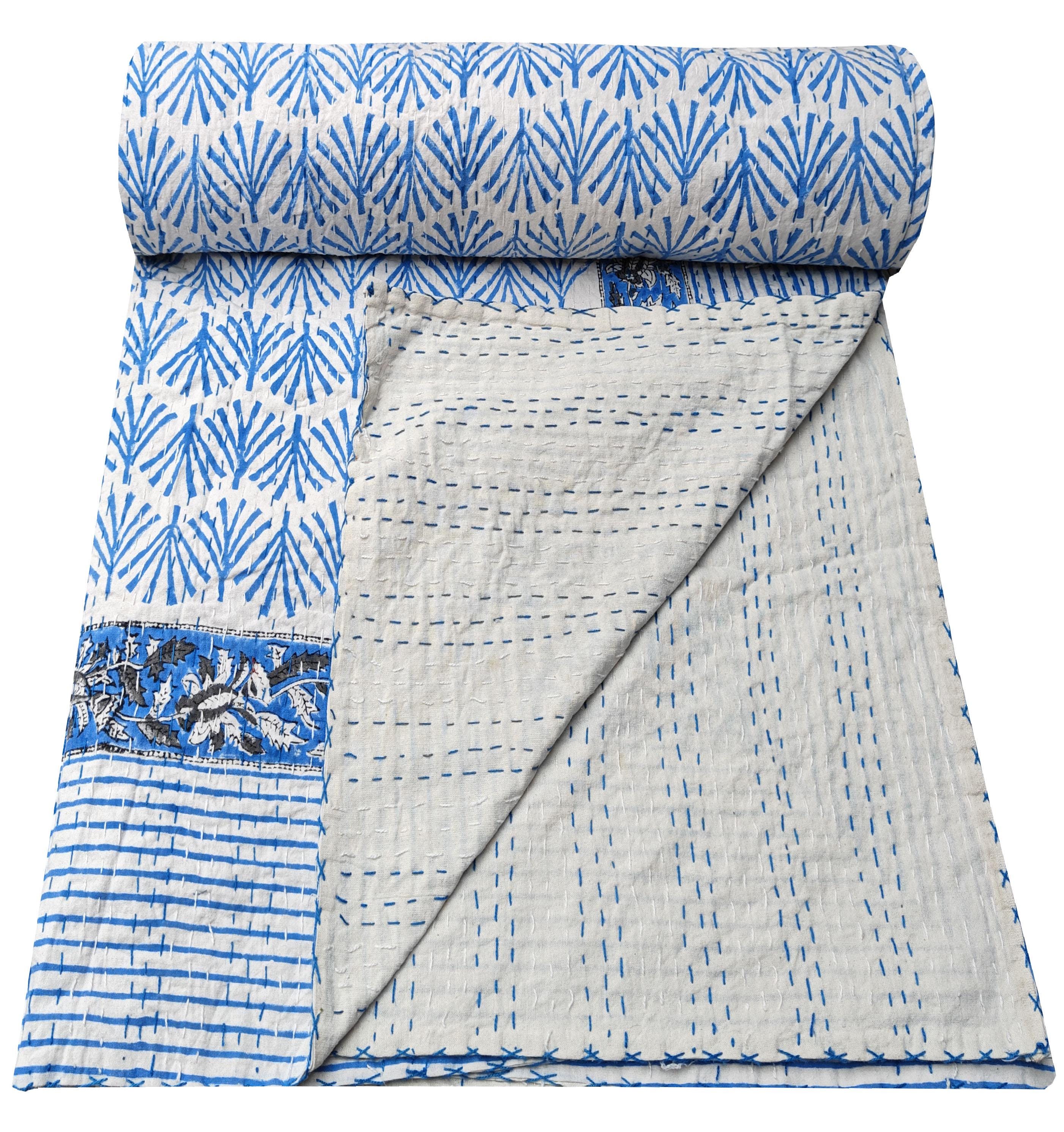 Beautiful floral Print kantha quilt Indian hand block kantha quilt Reversible cotton Bedding Bedspread Queen Size Kantha Gudari