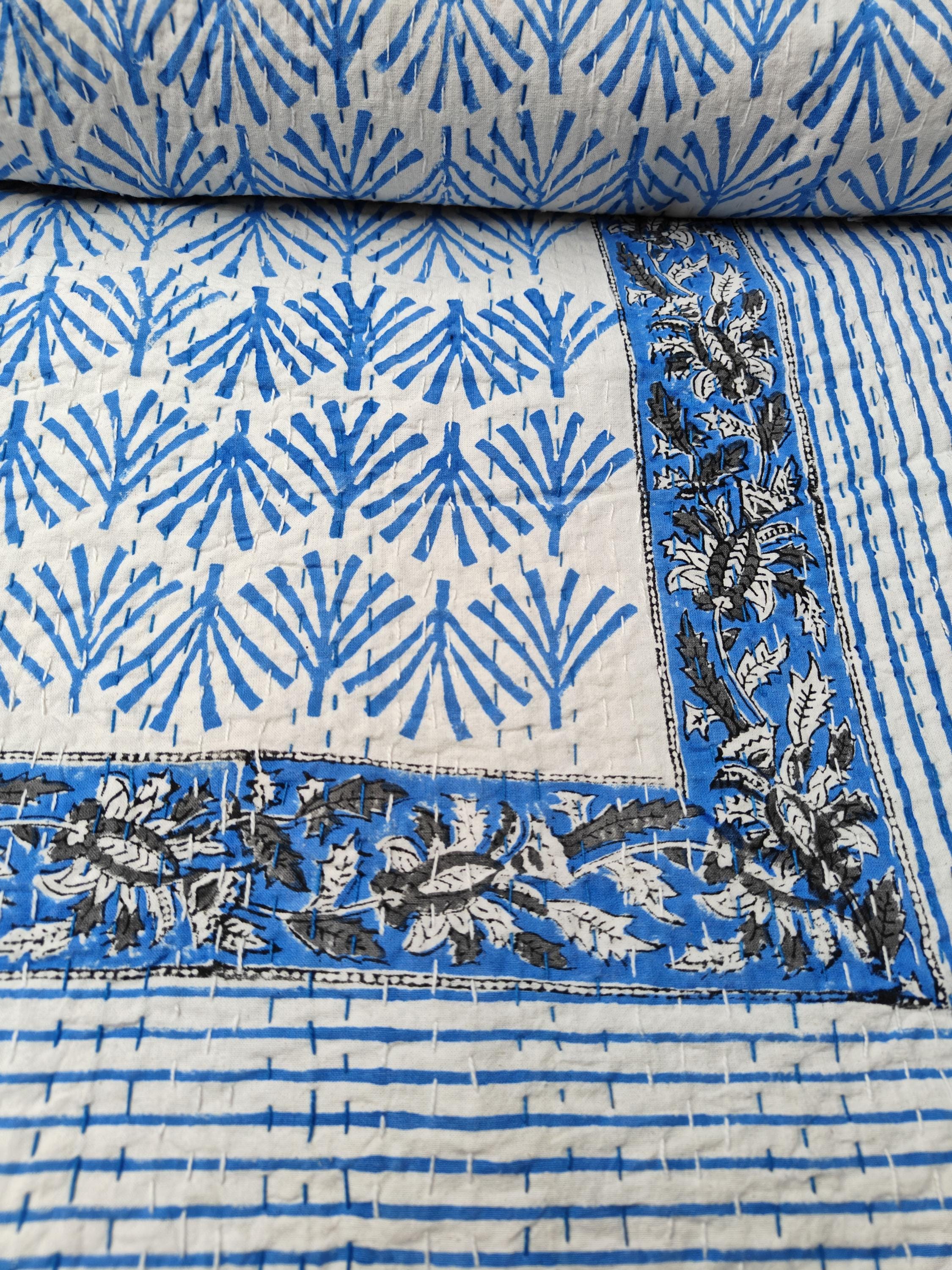 Beautiful floral Print kantha quilt Indian hand block kantha quilt Reversible cotton Bedding Bedspread Queen Size Kantha Gudari