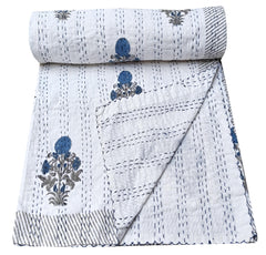Indian Kantha Quilt Hand Block Print Kantha Throw Boho Gudari Blanket Bedspread Kantha Bed Cover Bohemian Quilt Queen Size Quilt