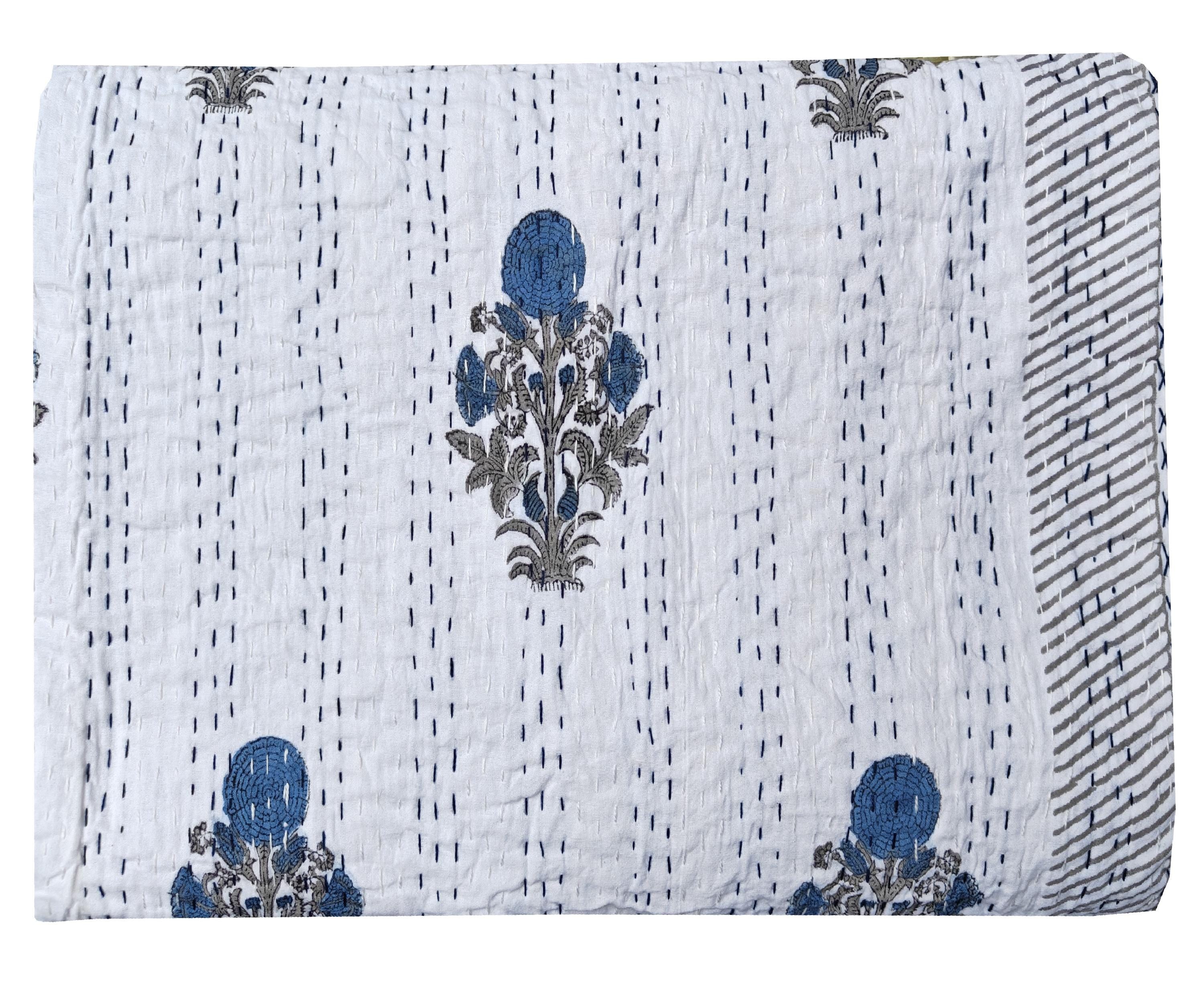 Indian Kantha Quilt Hand Block Print Kantha Throw Boho Gudari Blanket Bedspread Kantha Bed Cover Bohemian Quilt Queen Size Quilt