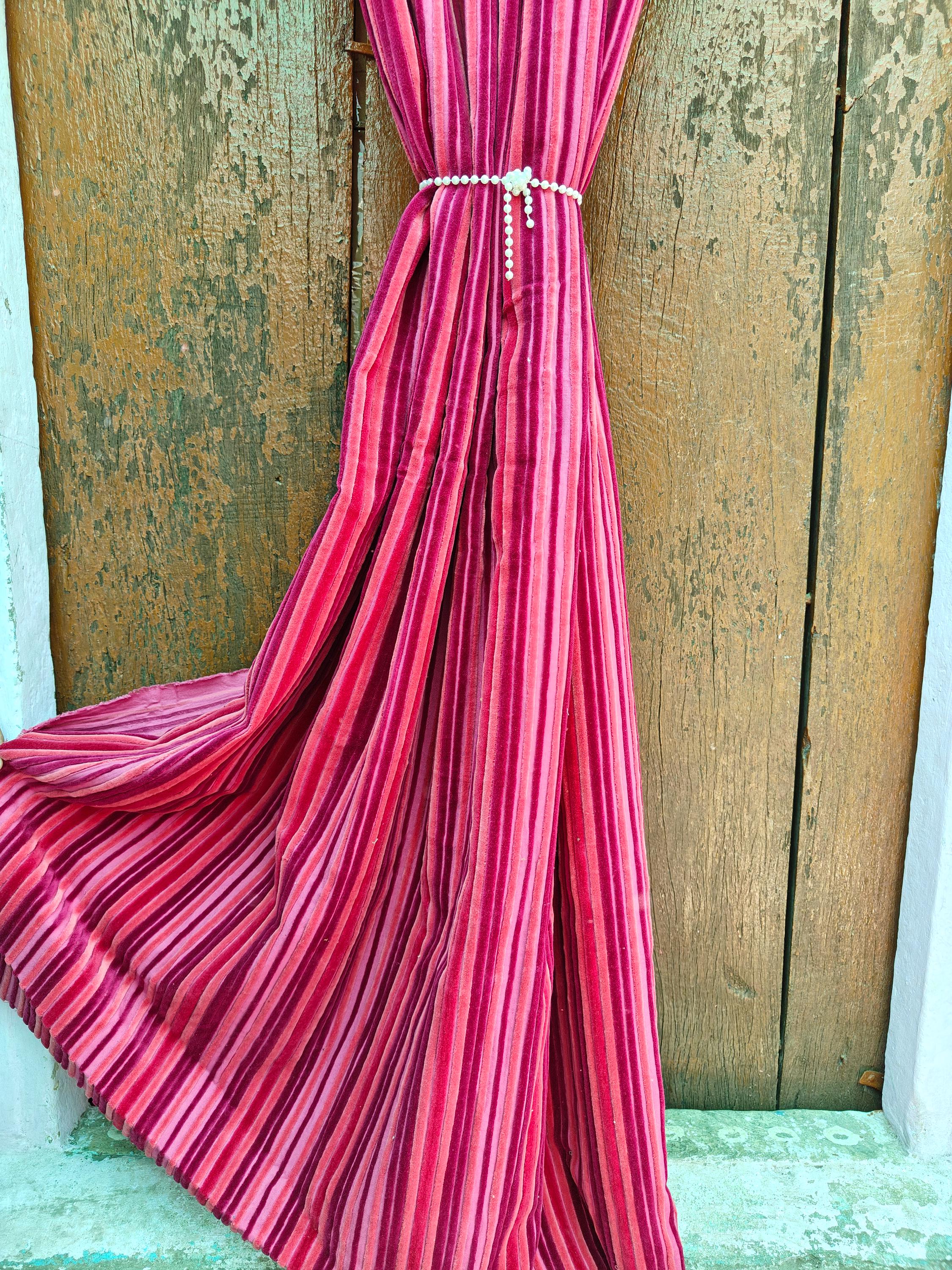 Indian Cotton Velvet Curtain, hot Pink Lining Design Curtain, Boho Curtain, Luxury Drapes, Housewarming Gift Colorful Decor
